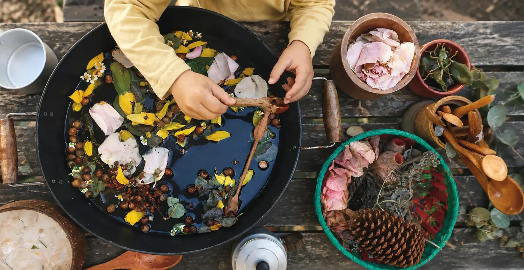 Leaves, petals and pine cones on a nature tray in the Forest School kindy program, Tingalpa