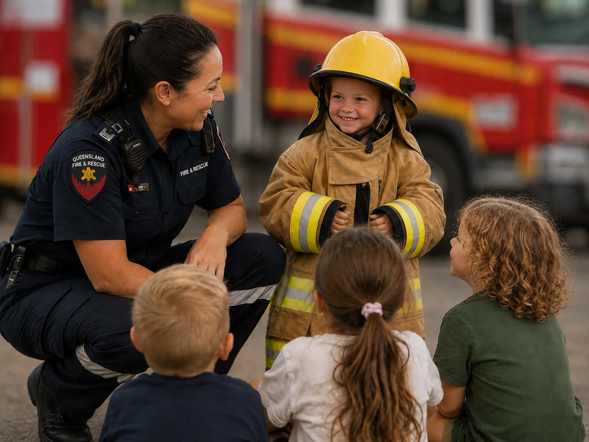 Firefighter visiting preschoolers for the Dream Big Project as one child tries on the helmet