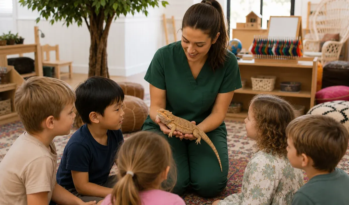 Educator showing a lizard to kindy children during early science learning at Sunshine Mini School