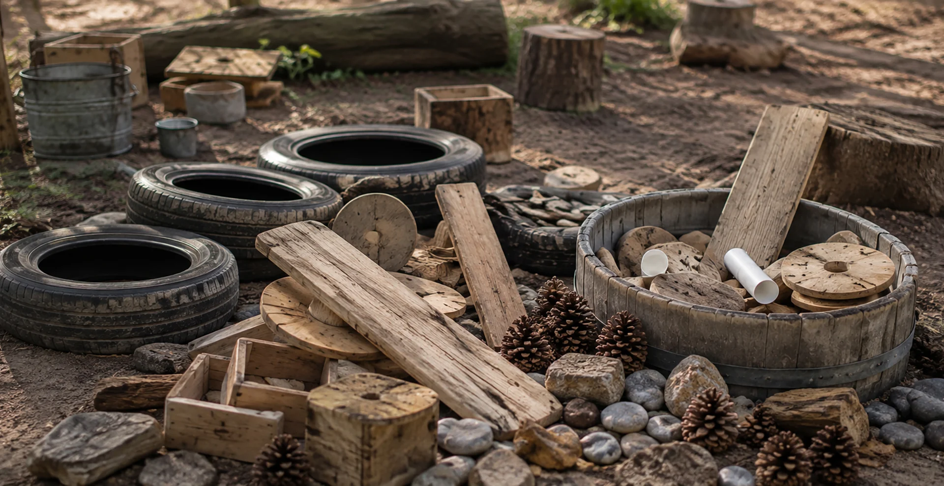 Loose parts play area with tyres, logs and crates at Sunshine Mini School, Tingalpa