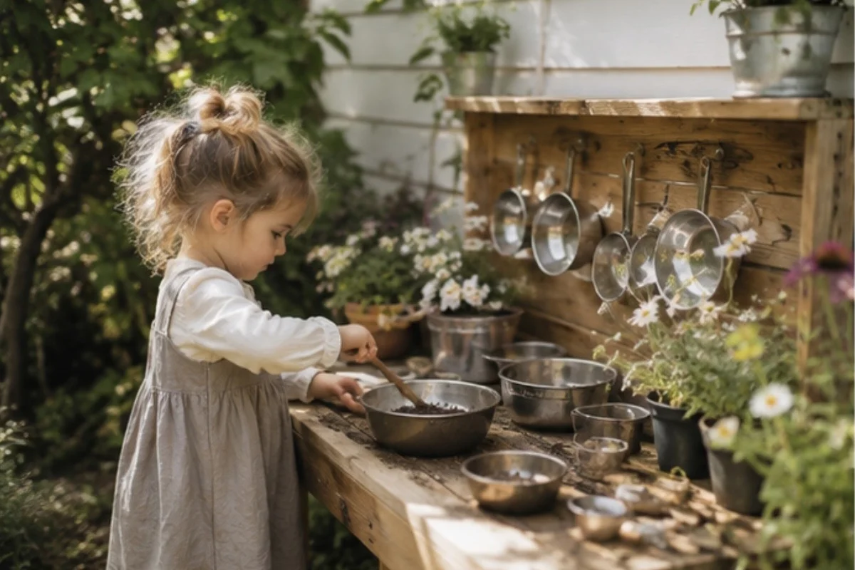Toddler at a mud kitchen building fine motor skills through play-based learning