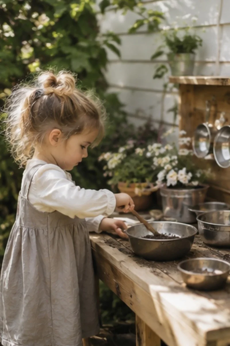 Toddler at an outdoor mud kitchen during play-based learning at our Tingalpa childcare centre
